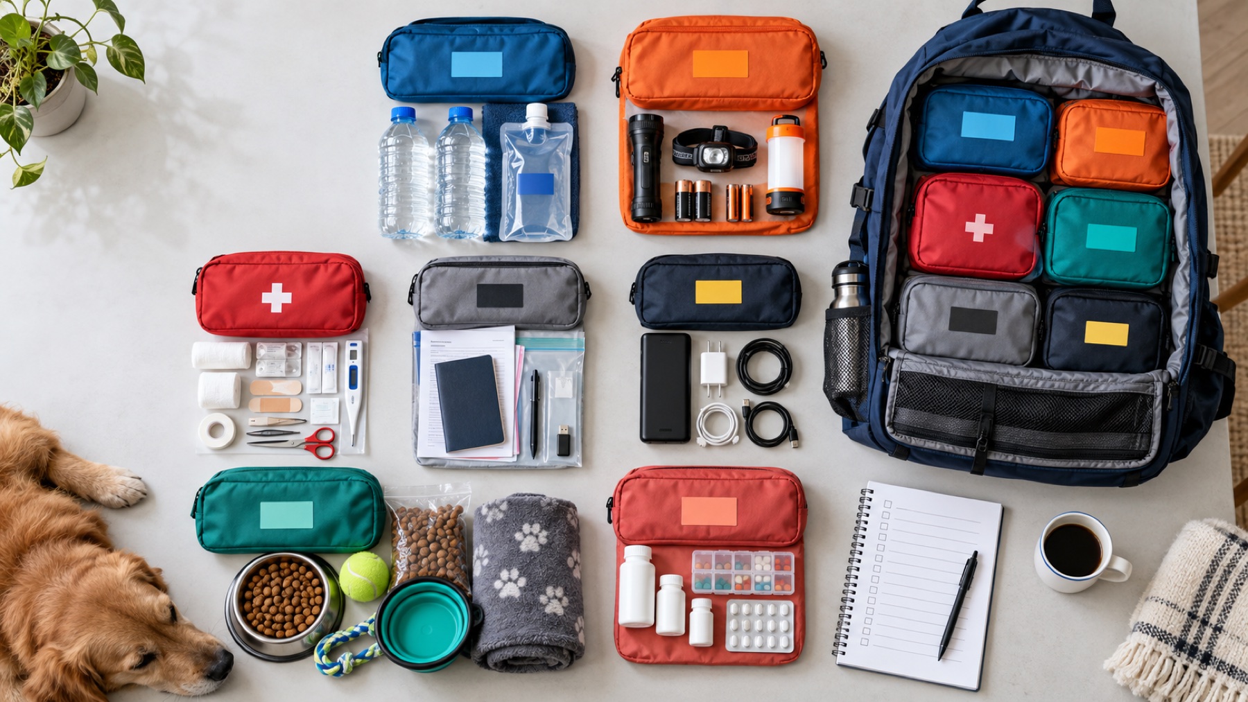 Organized emergency kit pouches and a blank maintenance checklist